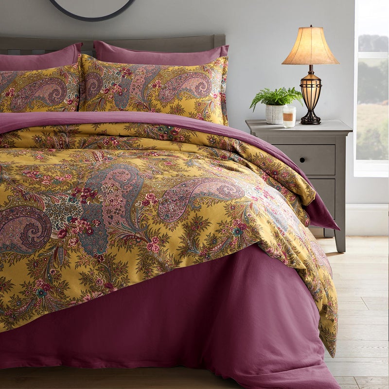 Eikei Classical Paisley Duvet Cover 3pc Set Bohemian Bedding Bothe Damask Antique Drawing Medallion 400TC Egyptian Cotton Sateen Luxury European Traditional Boho Floral Scarf Style Bed Linen (Mustard, King) - Image 1